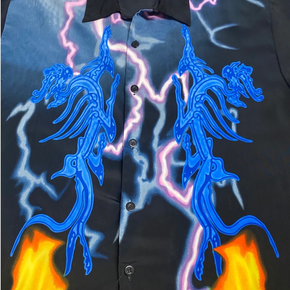 Y2K 725 Blue Dragon Flame Button Up Shirt - Picture 2 of 4